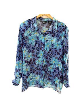 Crossing Pointe Silk Button Up Blouse Top Women's XL Colorful Floral Sheer NWOT